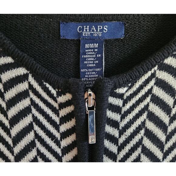 CHAPS by Ralph Lauren Women M Cardigan Sweater Black White Chevron Full Zip 36" - Picture 3 of 7